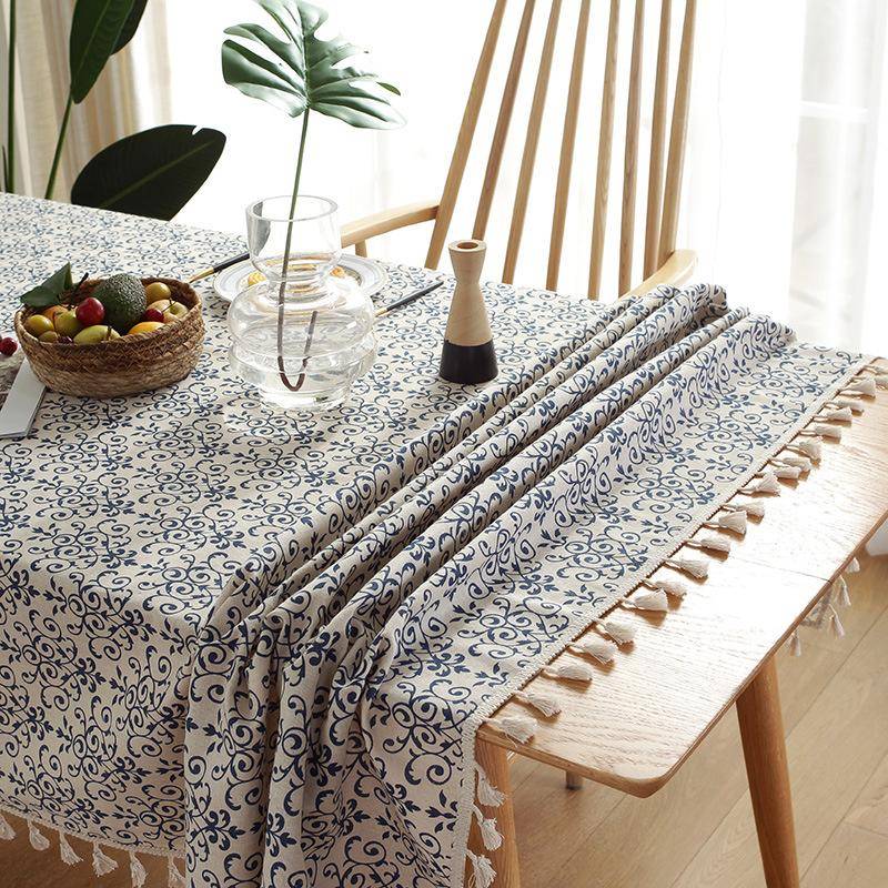 Vintage Enkel Rektangulär Broderad Bordsduk i Bomull Linne Tofs Bordsunderlägg Dekorationer