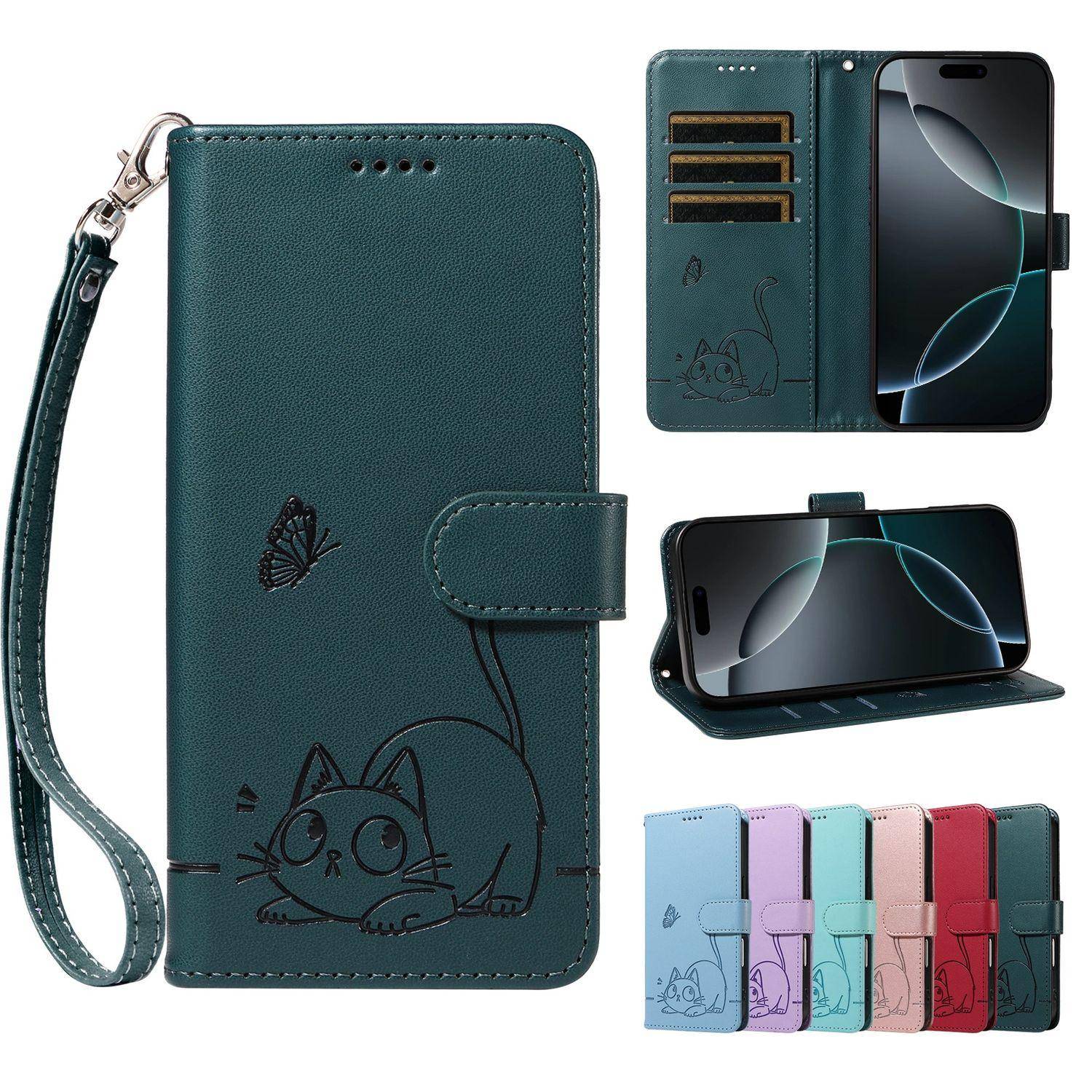 Läderplånbok Fodral med Lock För OnePlus 15 15R 13 13T 13R 12 12R Nord 5 4 CE5 CE4 Lite 5G Präglad Katt och Fjäril, Handledsrem mörkgrön färg