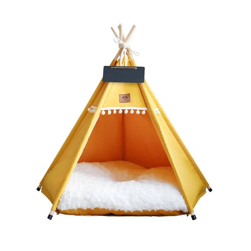 Indoor Pet Teepee Tent Bed with Thick Cushion – Canvas, Washable - YELLOW / 60x60x70cm (60x60x70cm)