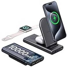 SwanScout 301A Trådlös laddningsstation för Phone, 3 i 1 10000mAh hopfällbart laddningsställ för Phone 15/14/13/12/11 Pro Max, bärbar powerbank för Apple Watch Ultra/9/8/7/5/4/3/SE