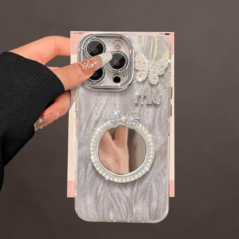 Pärlfjärilspegel Lämplig för Iphone16 Apple Fjädergarn Mobiltelefonfodral 15 Lätt lyx 14 High-end känsla 13promax Redmi K40/K40 Pro