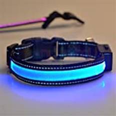 LED husdjurshalsband USB uppladdningsbar hundkrage justerbar solladdning upplyst hundhalsband låg effekt blinkande långsamt blinkande ljusläge reflekterande material gör din hund säker att gå på natten (M, blå)