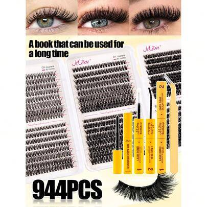 944 kluster stor kapacitet fransbok, 30D/40D/50D fluffiga D-curl individuella fransar, 8–16 mm naturliga täta fransförlängningar, vattentäta mjuka lös - Svart