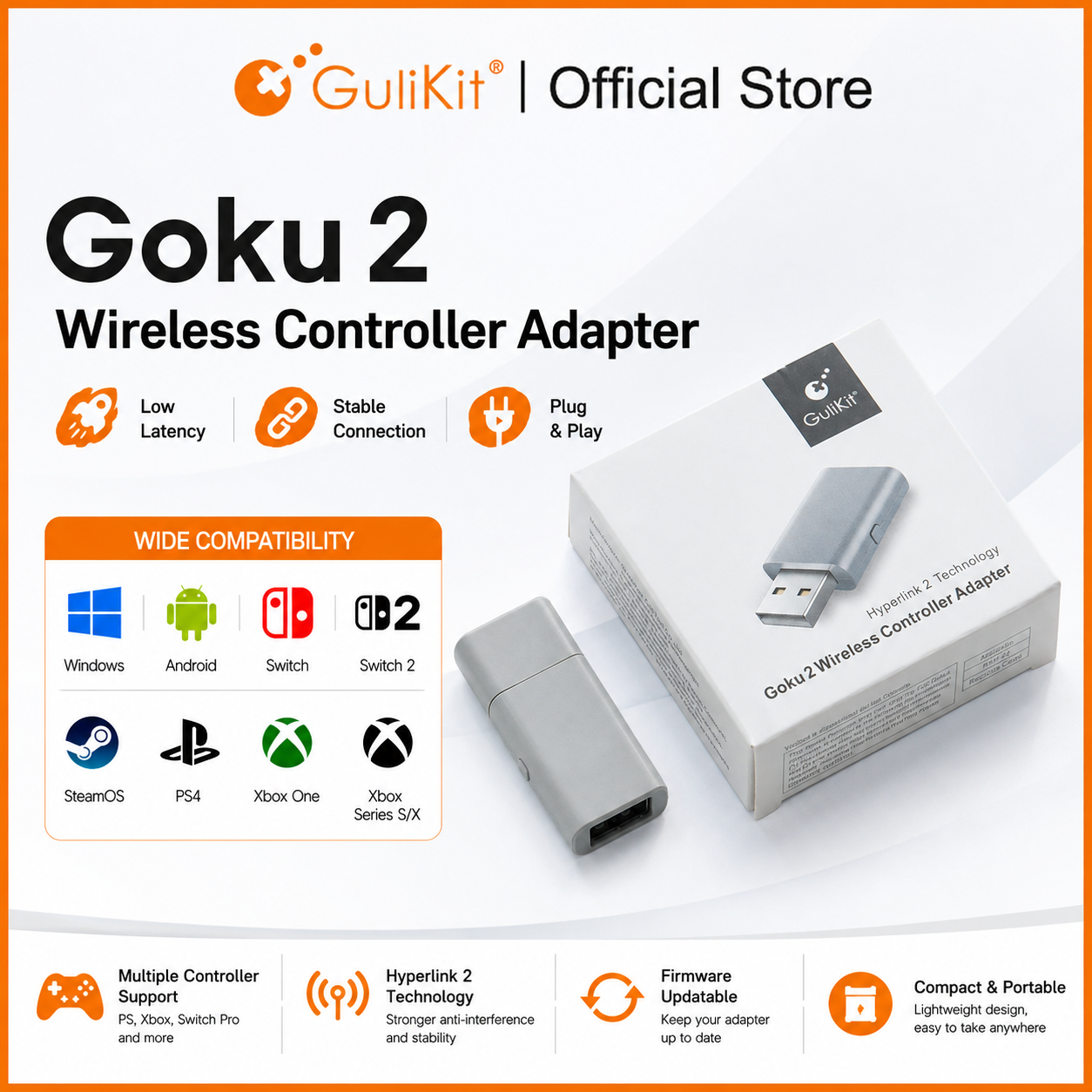 Gulikit Goku 2 Wireless Controller Adapter  Receiver Dongle for Windows Switch 1/2 PS4 Android Xbox Series S/X,Xbox One Platform