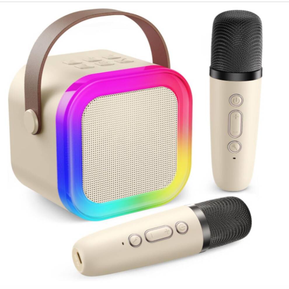 Maskin för, Mini Karaoke-maskin med 2 trådlösa mikrofoner, Bärbar Bluetooth-högtalare med röstförändrande effekter och LED-lampor_m