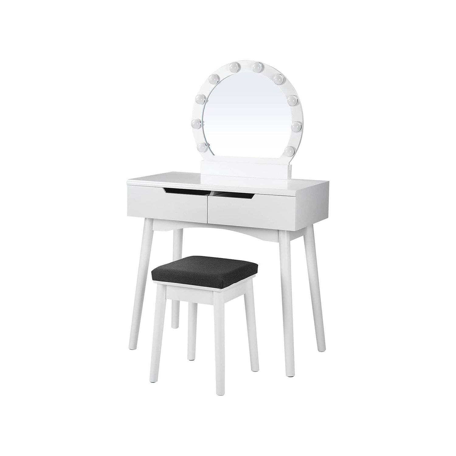 VASAGLE Dressing Table Set with Mirror and Light Bulbs for Makeup, Vanity Table with 2 Large Sliding Drawers and Cushioned Stool, Black RDT11BL.