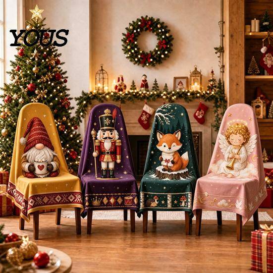 Julritual Heminredning Matsalsstolskydd, Festligt Tecknad Jultomte Snögubbe Skydd, Sött Tvättbart Polyester Skydd Ren Kärve beige