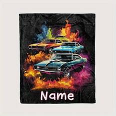 TEMU Custom Name Flannel Throw Blanket - Personalized Car Print, For Outdoor, Beach, Camping, Sofa, Pet & Office Use - , Machine Washable Gift Idea