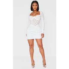 Shape WhiteMesh Insert Corseted Ruched Side Mini Dress, White - 10