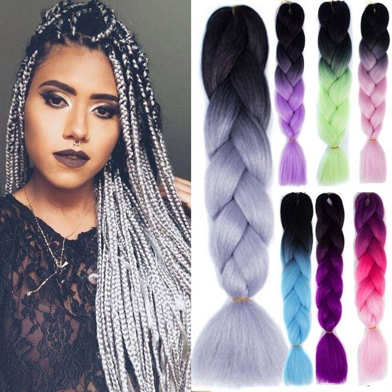 Ombre Braiding Hair Extensions 24 tum 115g Syntetiska Jumbo Flätor Hår Fiber Rosa Lila Blå Grön