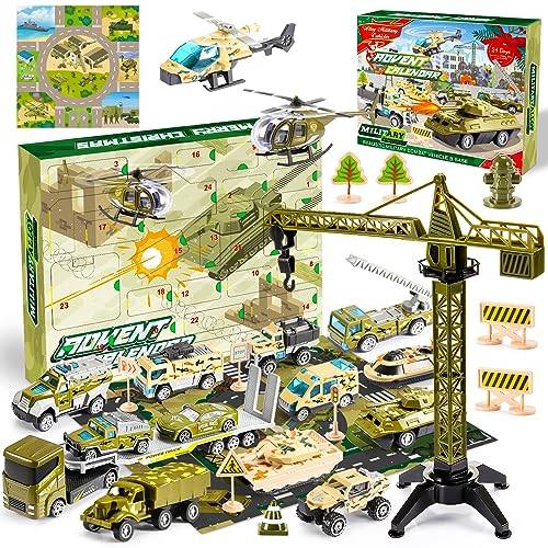 Adeokay Adventskalender Barn 2023, Adventskalender Leksak Julkalender Barn 3-8 år Julklapp Pojke 2-10 år Bil Militärbilar Leksaker från 2 3 4 5 6 7 8 9 år pojke