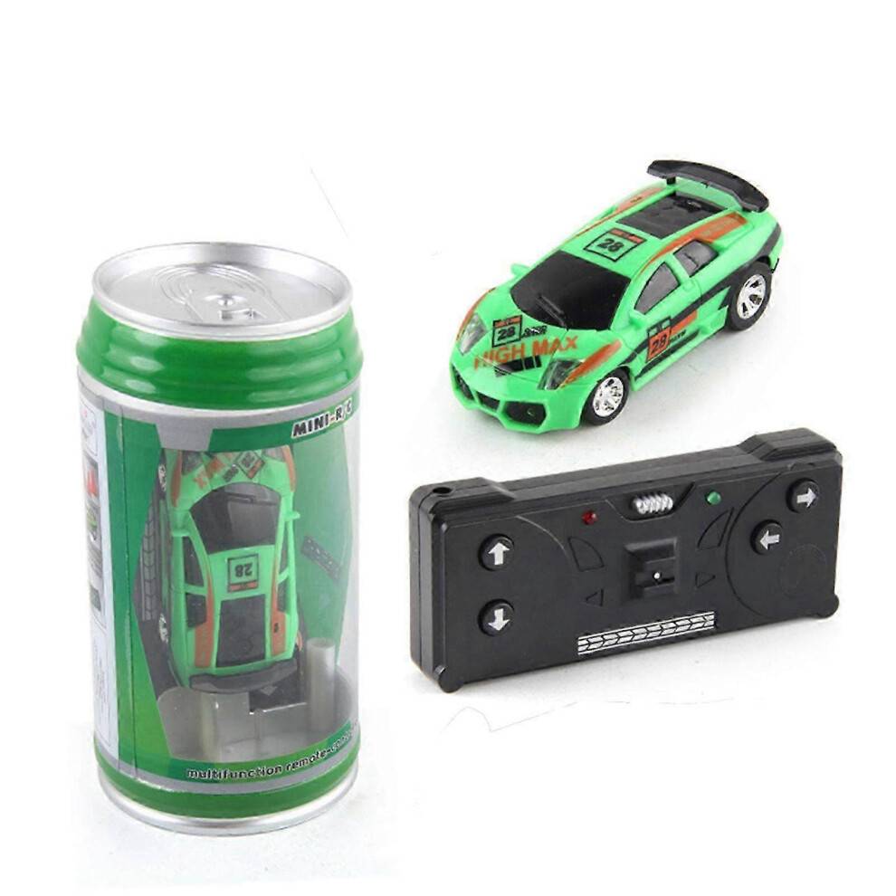 (Green) 1:45 Mini Remote Control Car Set in Can - Includes LED Lights, Requires 2 AA Batteries for Fun Indoor Racing