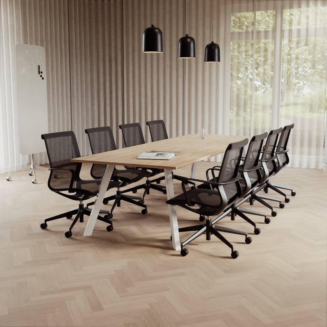 Konferensgrupp Viggo + Ergo 285, Storlek 8 platser (280 cm), Bordsskiva Ek, Underrede Vit, Stol Svart