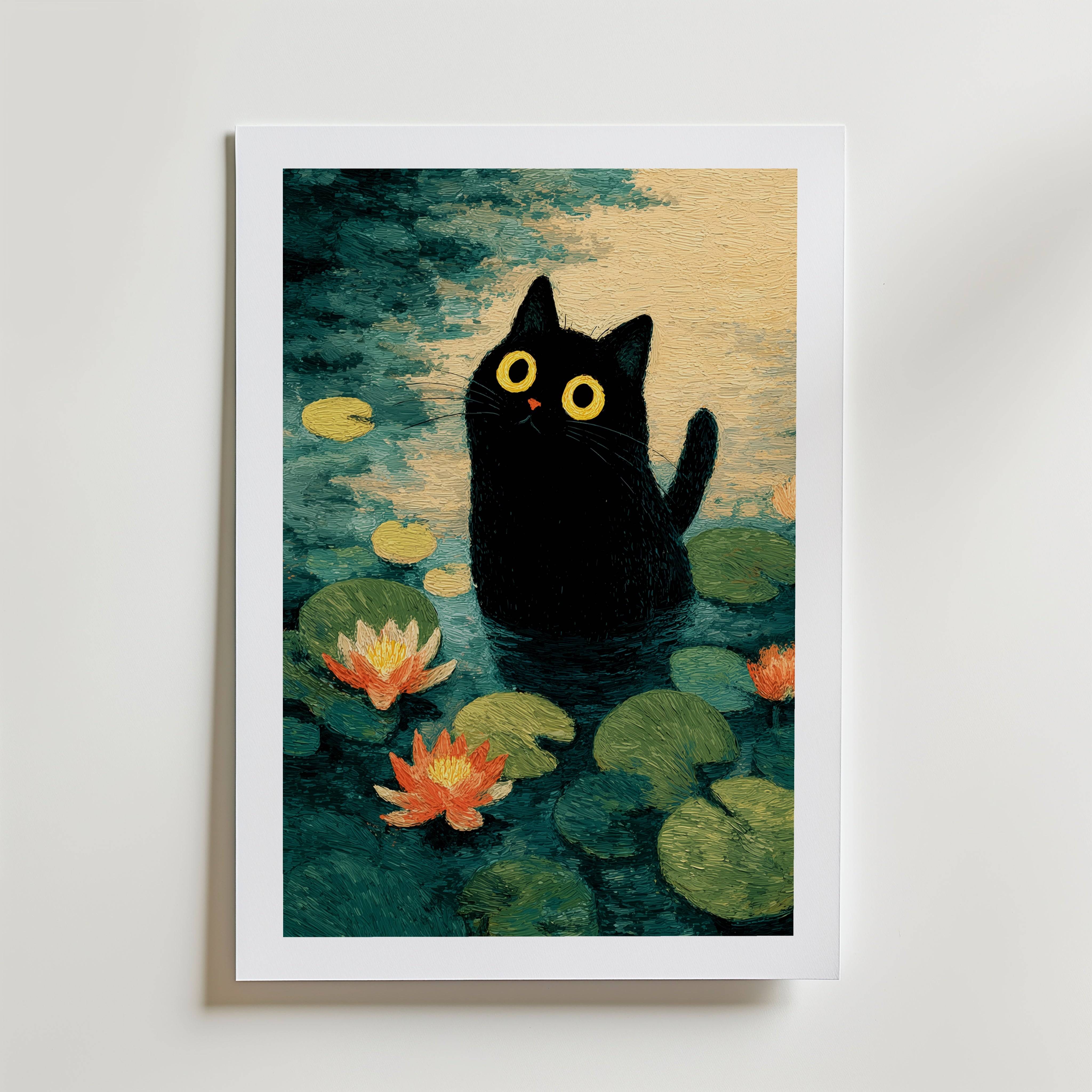 Lily Pond Cat - Fine Art Poster 40x50 cm Med passepartout