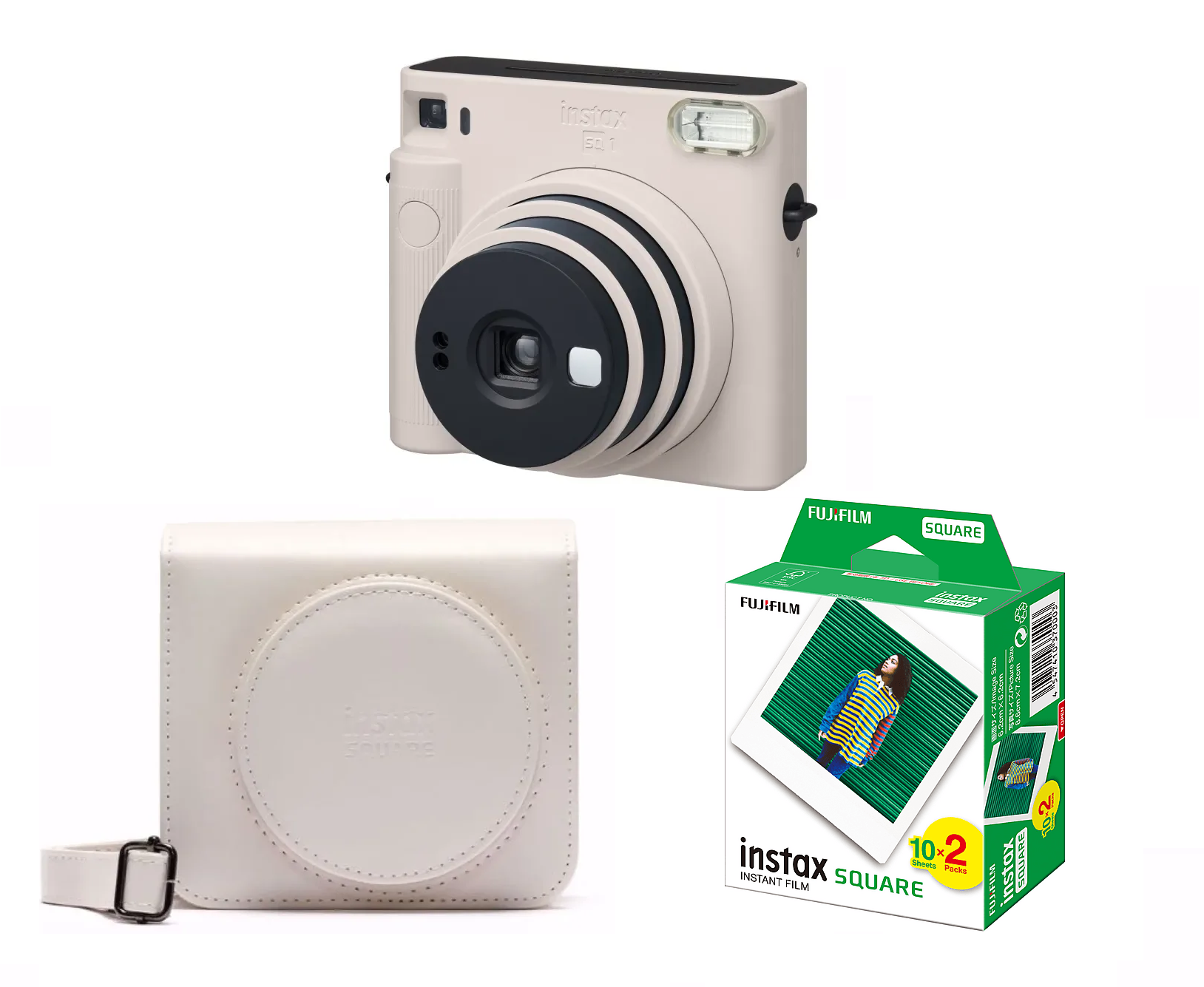 Fuji - Instax SQUARE SQ1 Instant Camera + Case And Film - Bundle - Fri fragt og klar til levering - Prismatch - White Camera, White Case