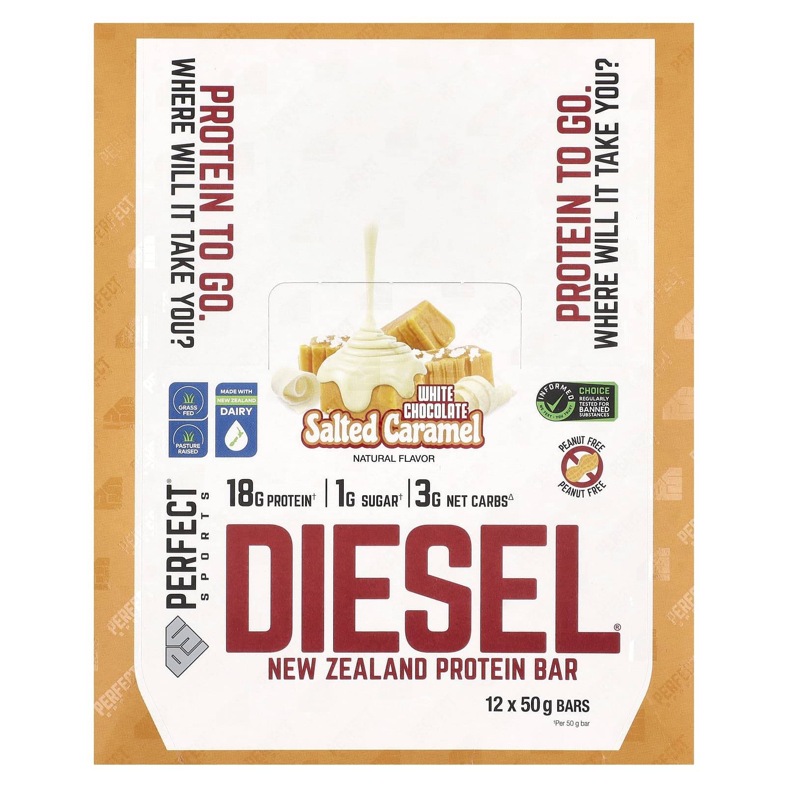 PERFECT Sports, Diesel, New Zealand Protein Bar, White Chocolate Salted Caramel, 12 Bars, 50g Each