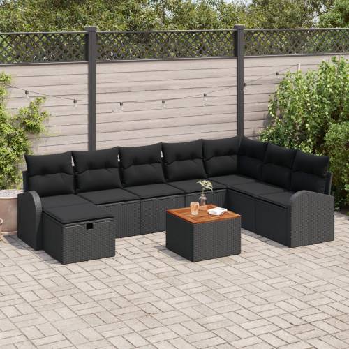 Trädgårdsoffset med kudde med lagring 9 pcs Svart Poly rattan