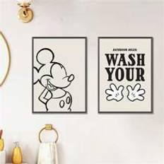 1pc Frameless Bathroom Decoration Painting Disney Mickey Simple Bathroom Hanging Painting Hand Wash Basin Mural Hanging Painting Canvas Wall Painting Home Dormitory Decoration, Suitable For Living Room Bedroom Bathroom Wall Decoration Painting - Gift For Friends