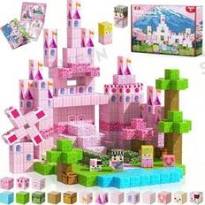 100 st. Magnetiska byggklossar med prinsessslottstema, kreativa rosa slott, STEM-lärande leksaker för barn, lämpliga för interaktiva föräldra-barn-spe - Multifärgad (Röd Mecha,Rosa slott 100 st (med låda),Blå Mekanik,Blå robot,Snabb sportbil,Gul robot)