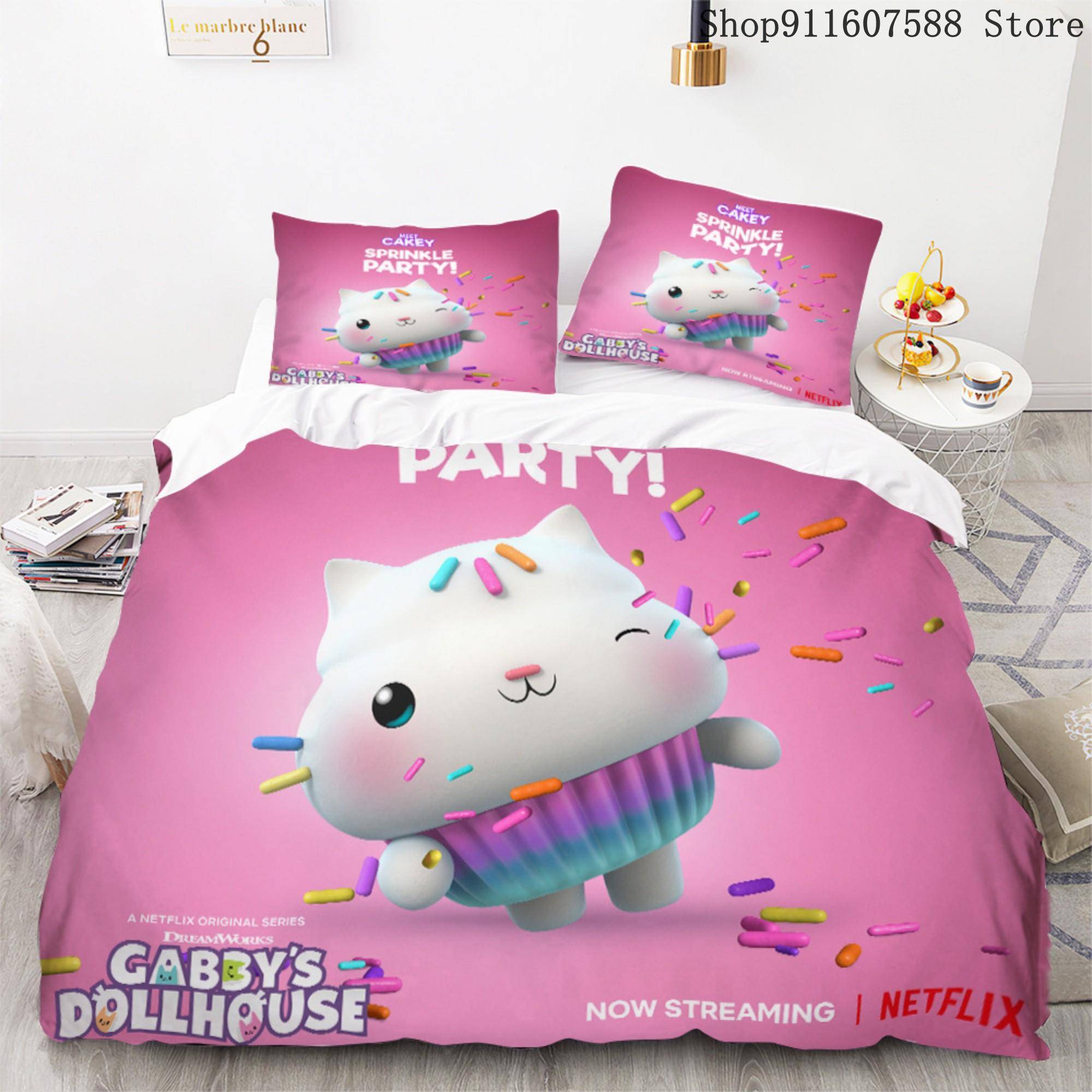 Gabbys dockhus Sängklädesset Kawaii Sänglinneset Enkel Dubbel Storlek Heminredning För Flickor Barn Tecknad Söt Katt Påslakanset cot size70x133cm2pc