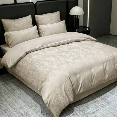 Champagnefärgat diagonalt jacquard-bäddtäcke 3-delars set (1 bäddtäcke + 2 örngott, täckes- och kuddinsats ingår ej), flickaktig prinsessstil för sovr (Multi-size)