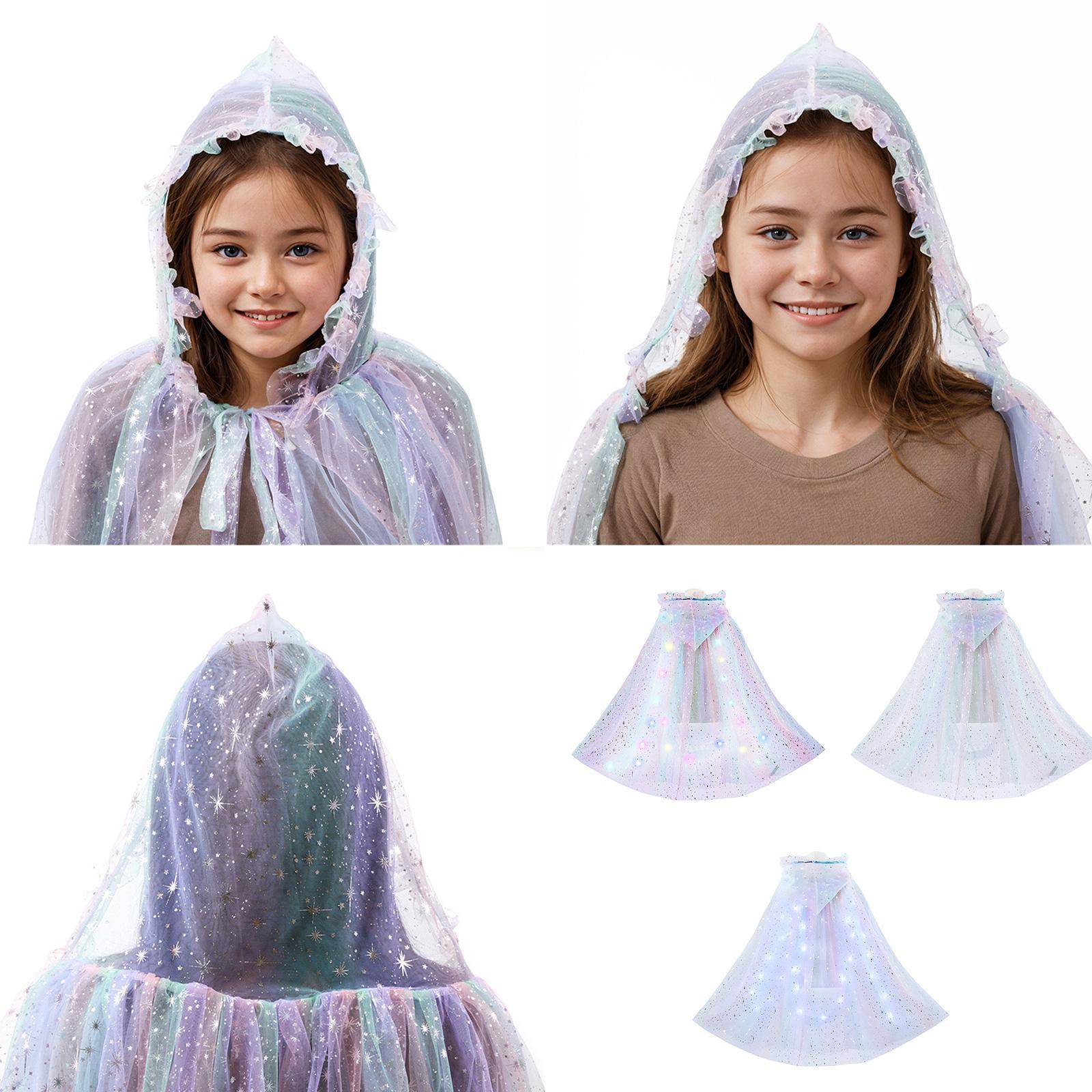 Prinsessa Cosplay-kappa med huva och LED-ljus Halloween-kappa Ljusupp-kappa för barn Flickor white