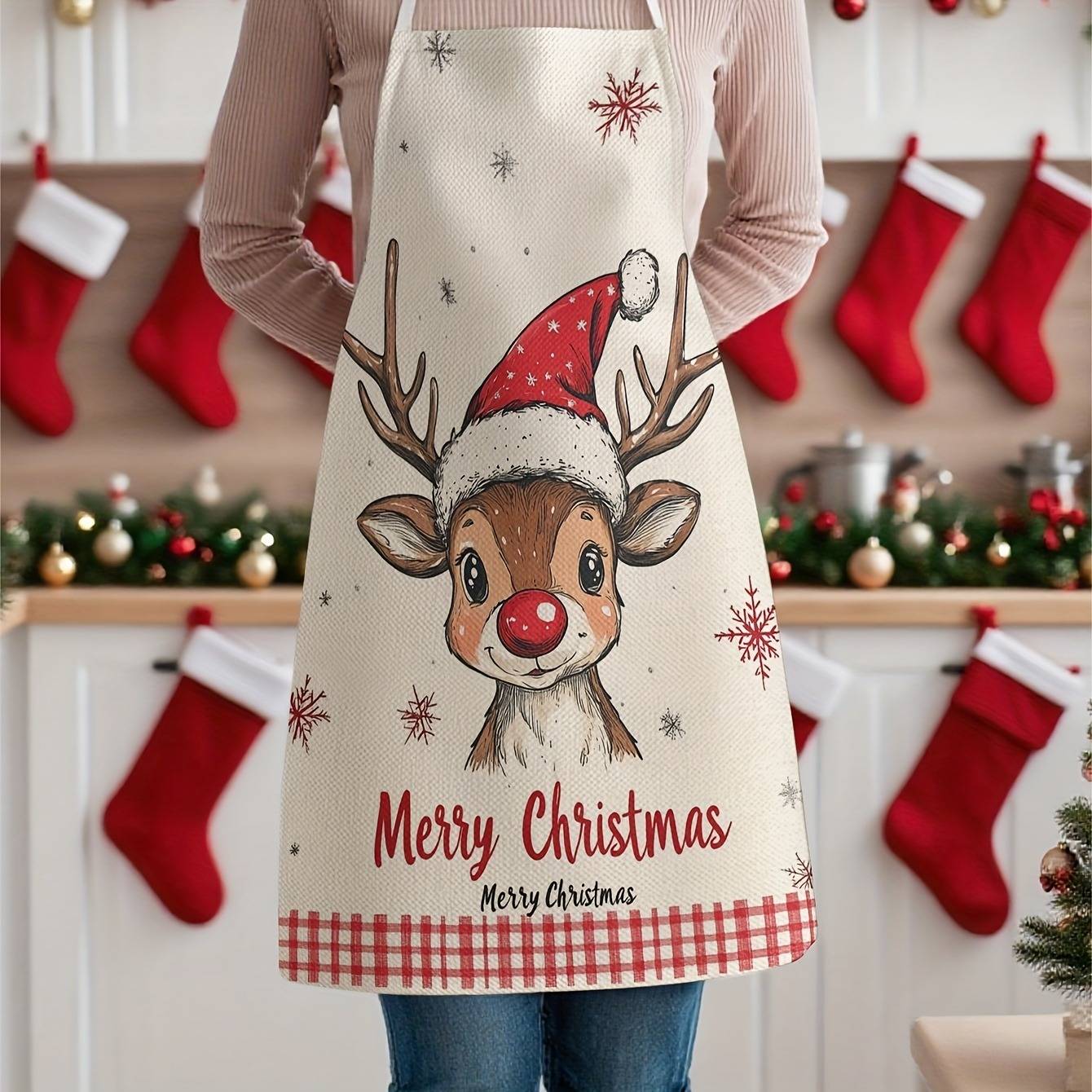 1 Christmas-themed Apron Made Of Linen: It Showcases An Adorable Reindeer Wearing A Santa Hat, Along With Snowflakes And 'merry Christmas', Ideal For Decoration