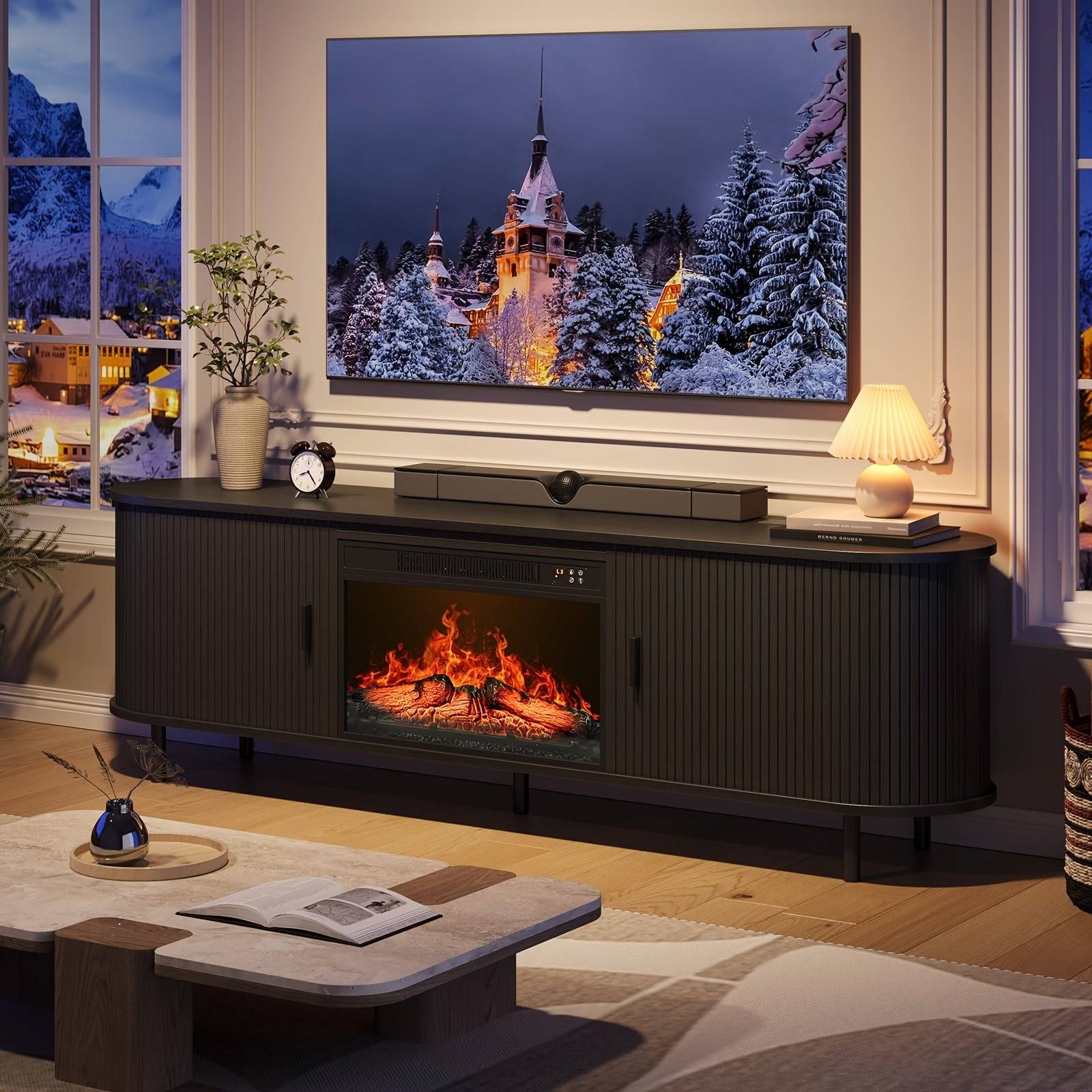 TV Stand with 23-Inch Wall-Fireplace - Suitable for TVs Up to 80" - Black / 65inch (65inch)
