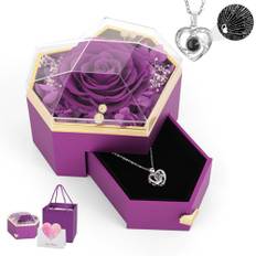 Emibele Preserved Real Rose with Heart Necklace, Eternal Flowers Rose Box with I Love You Necklace 100 Languages, Rose Jewelry Gift for Mom Women Wife Mother Valentine Day Grandma, Purple