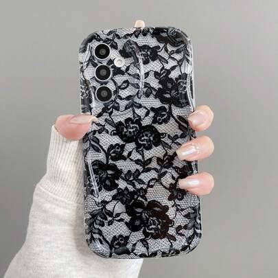 1 st mjuk skal-mobilskal i spets, kristallnät och krämigt mönster, stötsäkert, asymmetrisk form, för Android-serien [International Version, inte lokal - Transparent svart (Multi-size)