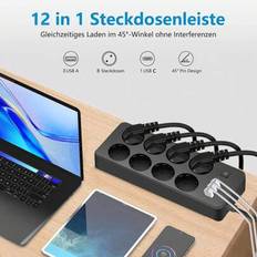 Grenuttag i europeisk stil med jordfelsbrytare, 8 uttag, 3 USB- och 1 USB-C-port, 2200W/10A, med 1,8 m förlängningssladd, lämplig för hem och kontor - Svart