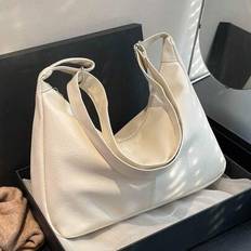 Fashion Solid Color Soft PU Leather Shoulder Bag For Women, Casual Simple Large Capacity Carry On Campus Handbag Daily Commuting Bag, Retro Hobo Cross - White