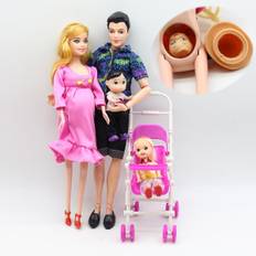 Dukkefamilie på fire pige lille dreng gravid mor og far dukke børn Db