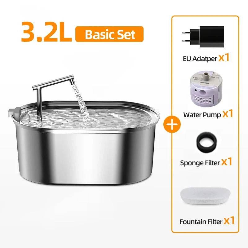 3.2L Stainless Steel Cat Water Fountain - Automatic Pet Water Dispenser for Dogs & Cats - Basic Set / 3.2L