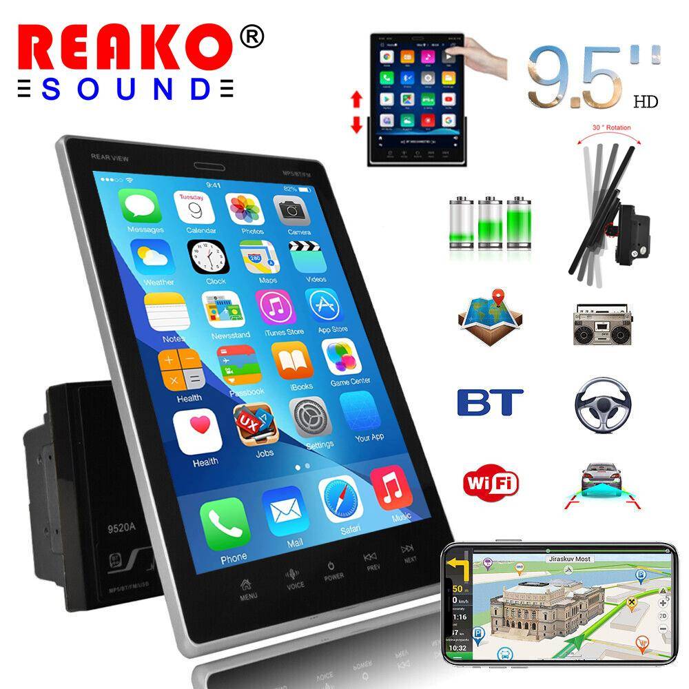 REAKOSOUND 2din CarPlay 9,5 tum vertikal skärm Android Radio Bil Multimedia Player GPS Navigation Huvudenhet Stereo WiFi black