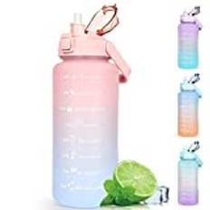 Vattenflaska 2 l BPA-fri sportdryckskanna med tidsmärkning och låsskydd, läckagesäker 2 liter vattenflaska med bärbart handtag, rosa röd vattenflaska