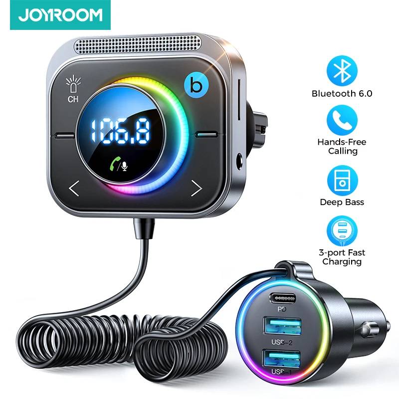 Joyroom Bluetooth 6.0 FM/AUX Transmitter Car Adapter Audio FM Transmitter Bass Boost 3 Ports PD&QC 3.0 FM Bluetooth Fast Charger