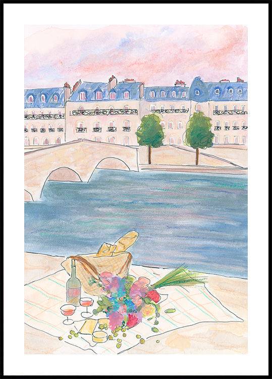 Paris Picnic At the Seine (21x30cm) - Plakater > Kunstplakater, Naturplakater, Akvarel, BD, LANGFIX