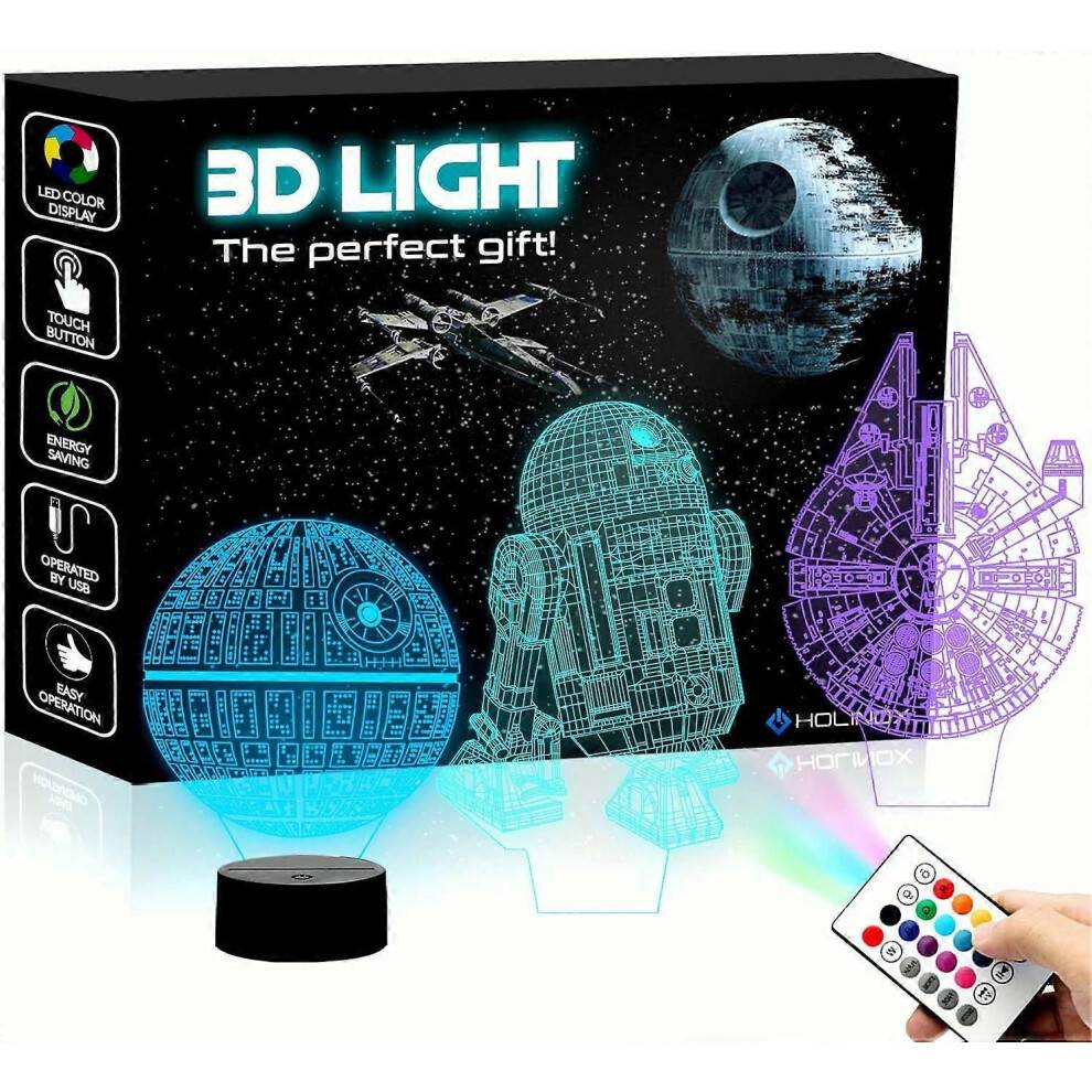 3D Illusion Star Wars nattlampa för barn, 4 mönster och 7 färgskiftande nattlampa - perfekta presenter