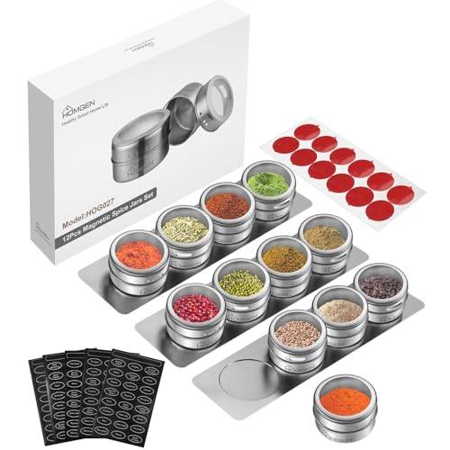 HOMGEN Magnetiska kryddburkar 12-pack – 96 ml kryddbehållare i rostfritt stål med 3 magneter med starkt grepp – inkluderar etiketter och chassi för kyl/grill/camping, platsbesparande köksorganisatör