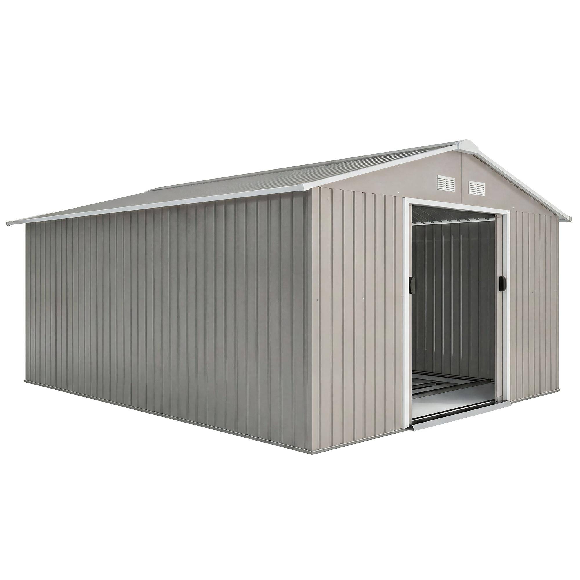 13 x 11 fot Trädgård Metallförråd Utomhusförråd med Grundsats Ventilation & Dörrar, Ljusgrå ljusgrå färg