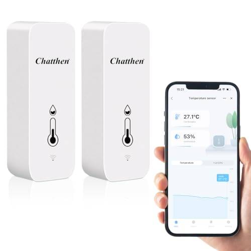 Chatthen WiFi Thermometer Hygrometer Innen, Tuya wlan Temperatursensor, Mini Thermo Hygrometer mit Smart App und Datenaufzeichnung, für Babyzimmer, Gewächshauszubehör, Garage（2 Pack）