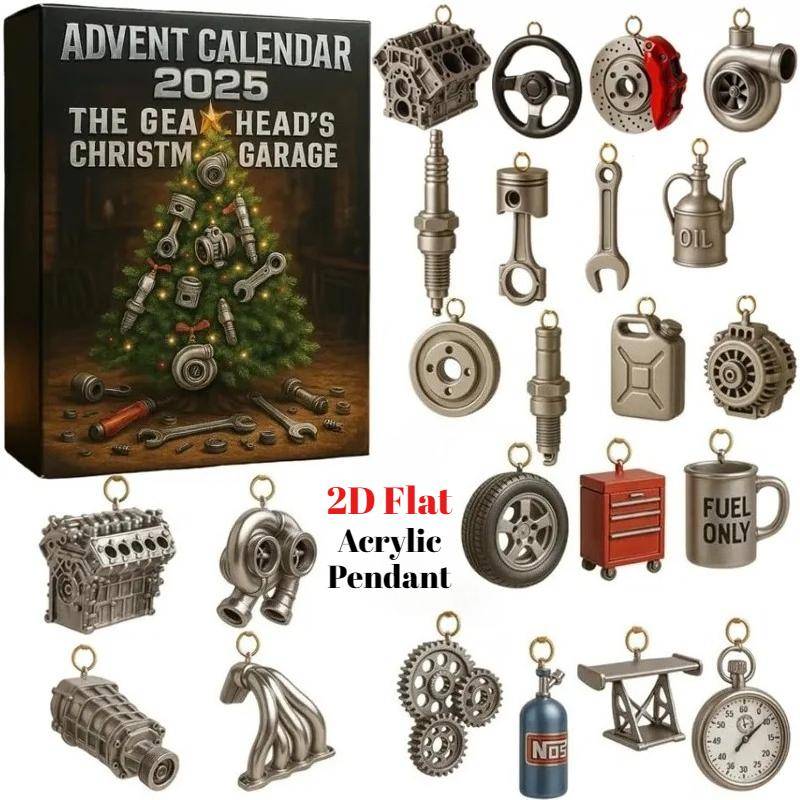 Adventskalender 2025: Gearheadens julgarage, 2D platt akryl 24 dagar av miniaturbildelar verktyg med julklappar för bilentusiaster flerfärgad