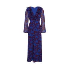 Omnes Omnes Blue Yvette Chiffon V-Neck Flared Sleeves Ruffle Detail Dress - 42
