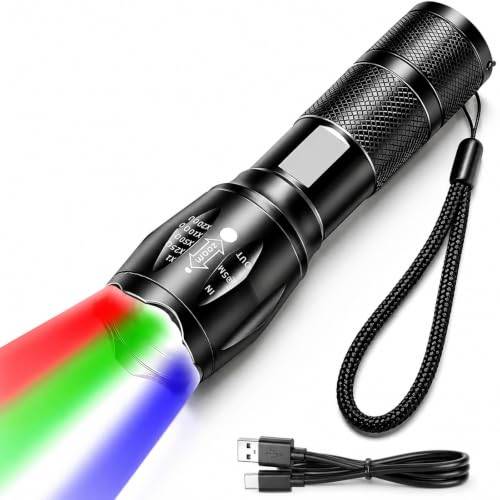 MVIOCS 4-i-1 röd uppladdningsbar ficklampa – flerfärgad LED (vit/röd/blå/grön) ficklampa med 4 lägen, zoombar ficklampa med hög lumen för camping, observation, nödsituation och utomhusäventyr