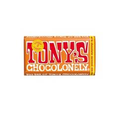 Tony's Chocolonely Fairtrade milkchocolate with at least 32% cacao solids and caramel and seasalt. Made in Belgian. 240g