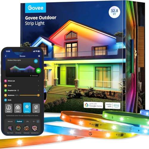 Govee Outdoor LED Strip 10m, IP65 Vattentät, Fungerar med Alexa, App Control, RGBIC LED Strip med Segment Control, Color Change, Music Sync, för utomhustakbalkongträdgård