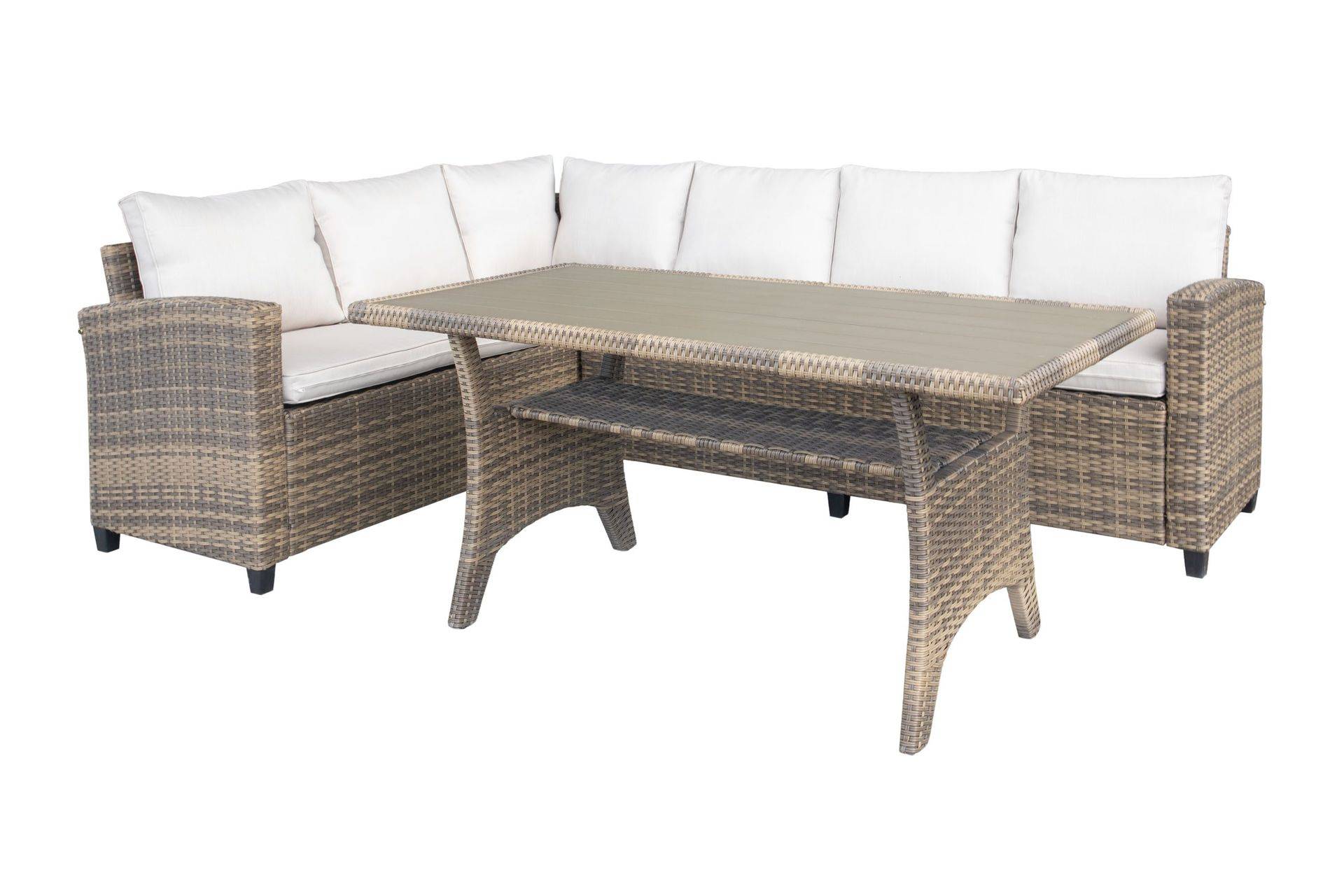 Comfort Garden James Light Stor L-formad vändbar loungegrupp utomhus i konstrotting med förvaring och vita dynor - Brun / Beige Loungegrupp