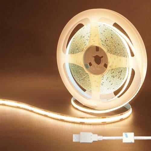 Clearhill 5V USB COB‑LED‑lister, 9,84 fot/3 m, varmvit 3000 K, 320 lysdioder/m, 8 mm bredd, 1 m USB‑kabel, flexibel LED‑tejp för hemmagjord inomhusdekoration