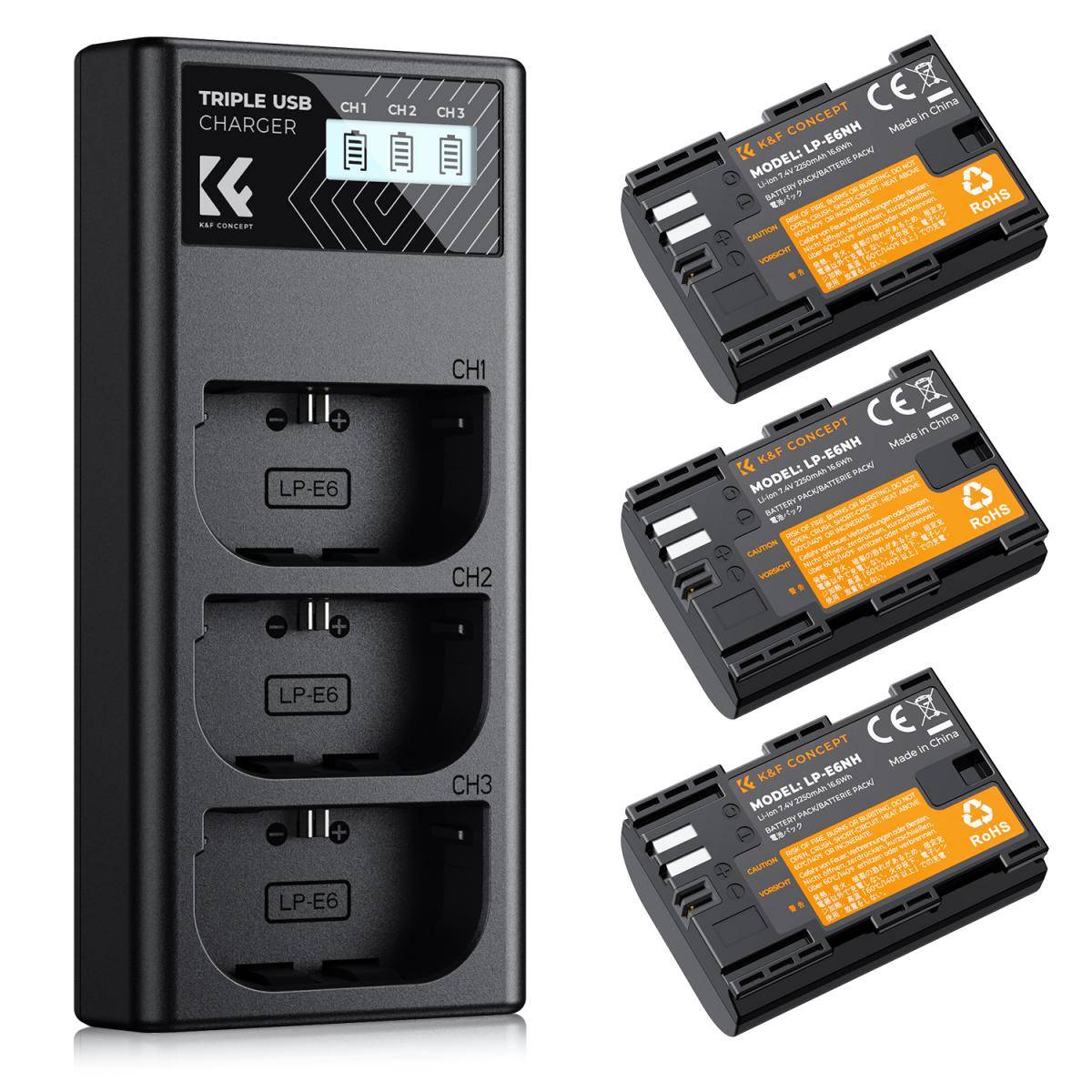 KENTFAITH LP-E6/LP-E6NH Battery and 3-Slot Charger, 3-Pack Replacement Battery for Canon EOS R5, R6, EOS R, 5D Mark IV, 5D Mark III, 5DS, 5DS R, 5D Mark II, 6D, 6D Mark II, 7D, 7D Mark II, 2250mAh